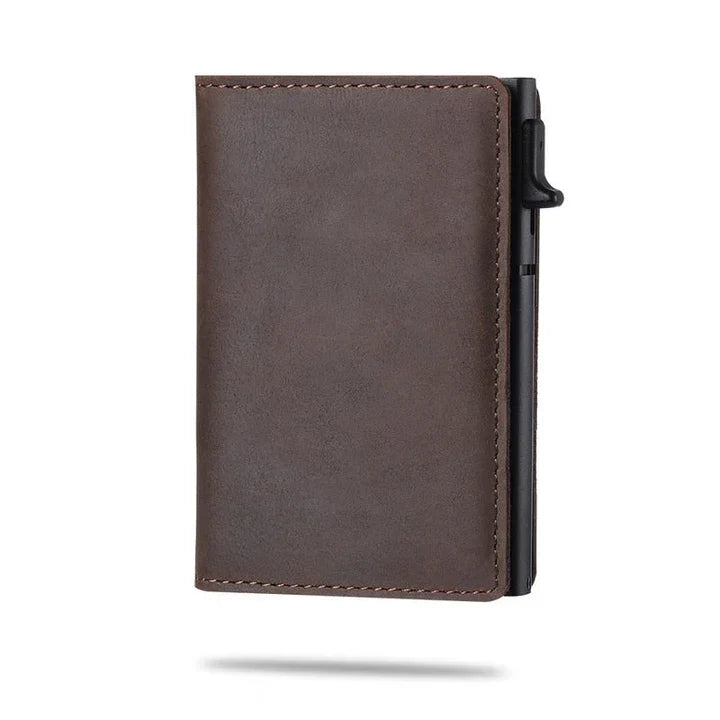 Durable aluminum men's RFID wallet, ultra-slim profile, dedicated tracker compartment.