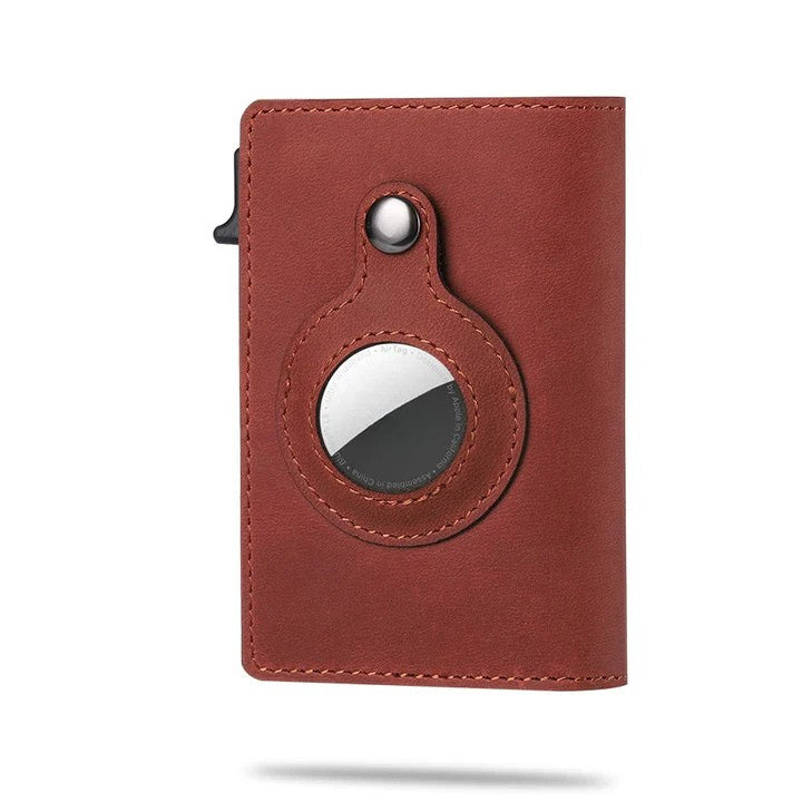 RFID blocking smart wallet for men, ultra-slim, seamless tracker device integration.
