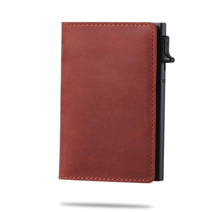 Modern men's slim wallet, secure RFID protection, stylish carbon fiber, tracker ready.
