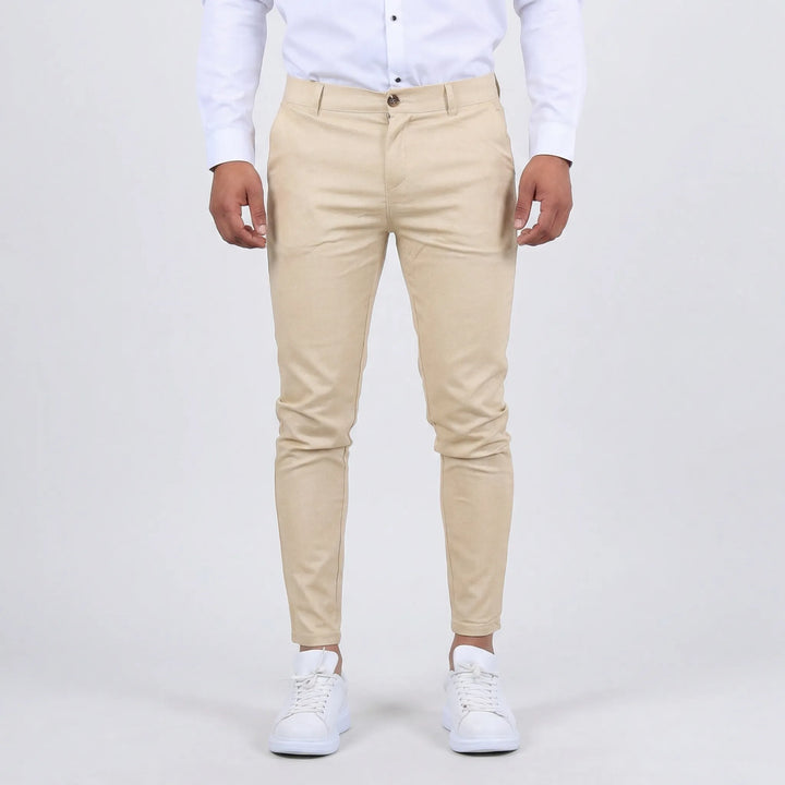 Modern men's slim tapered chino pants, great for office, casual, & everyday style.