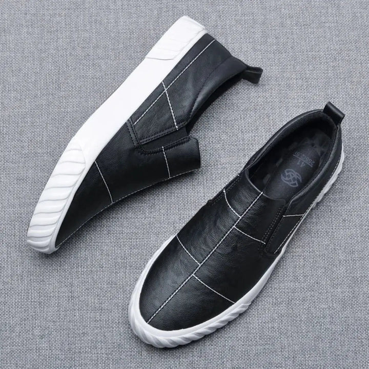 Modern men's slip-on loafers worn, highlighting their casual style, comfort, and easy on/off design.