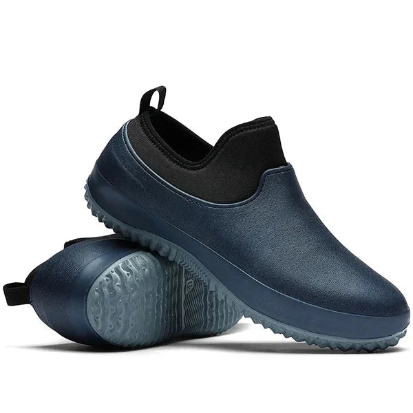 Blue durable men's slip-on work shoes; water-resistant, all-season comfort & protective footwear.