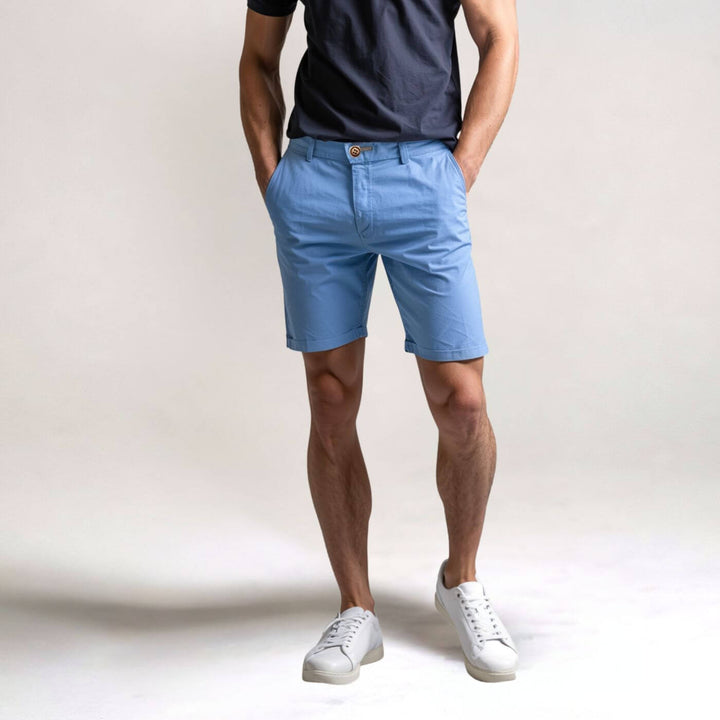 Durable men's knee-length chino shorts, elastic waist provides a perfect fit for active days.