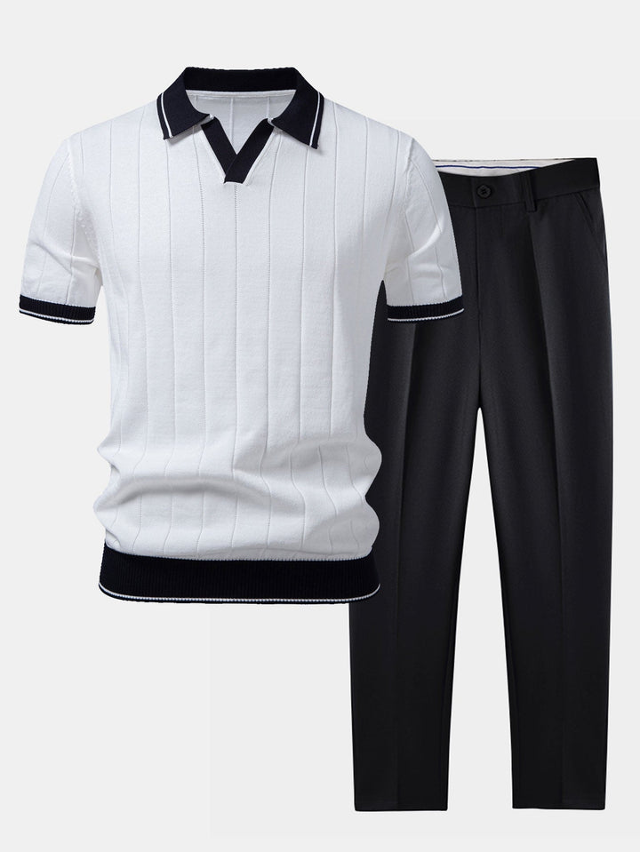 Men's smart casual knit polo and tapered trousers set. Stylish and comfortable coordinated two-piece outfit.