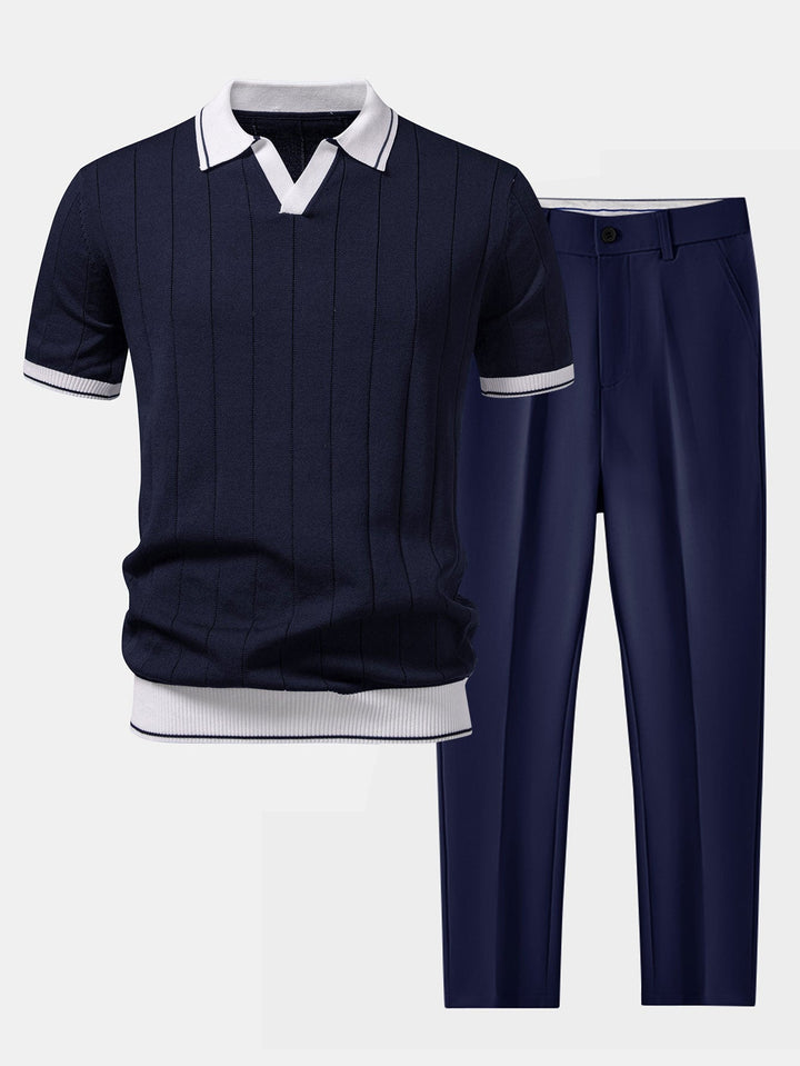 Men's knit polo shirt, part of a smart casual tapered trousers set. Soft, comfortable, and stylish menswear.