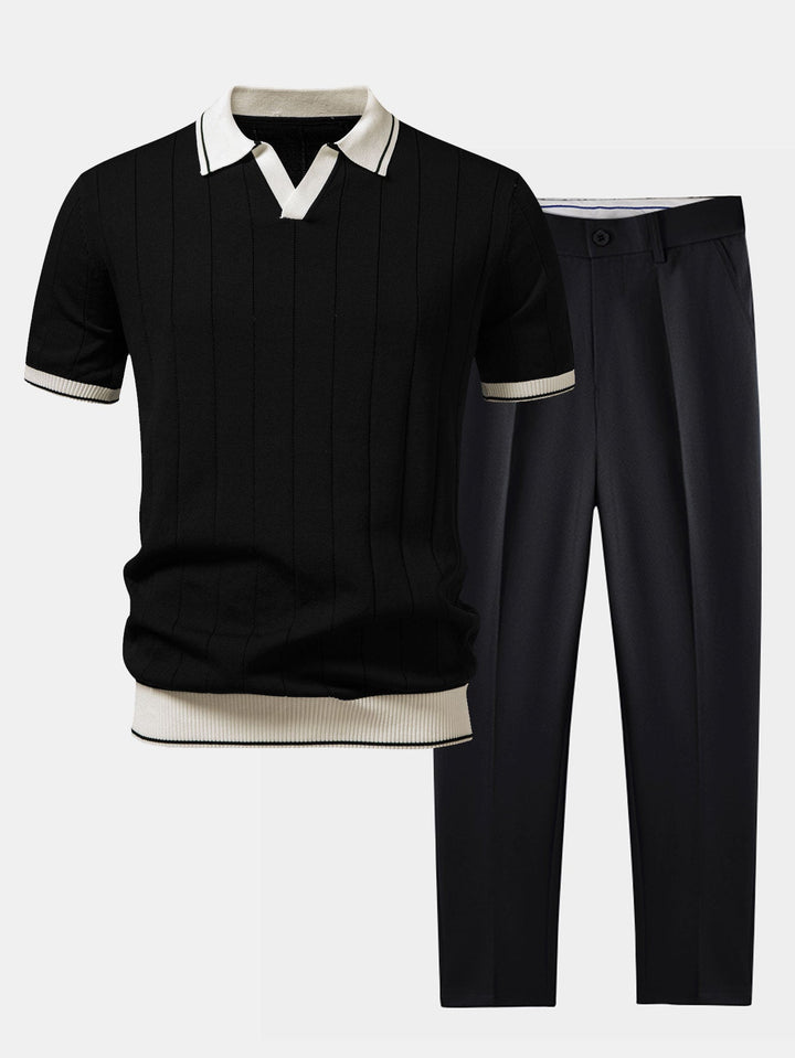 Coordinated men's smart casual set featuring a knit polo and tapered trousers. Effortless style and comfort.