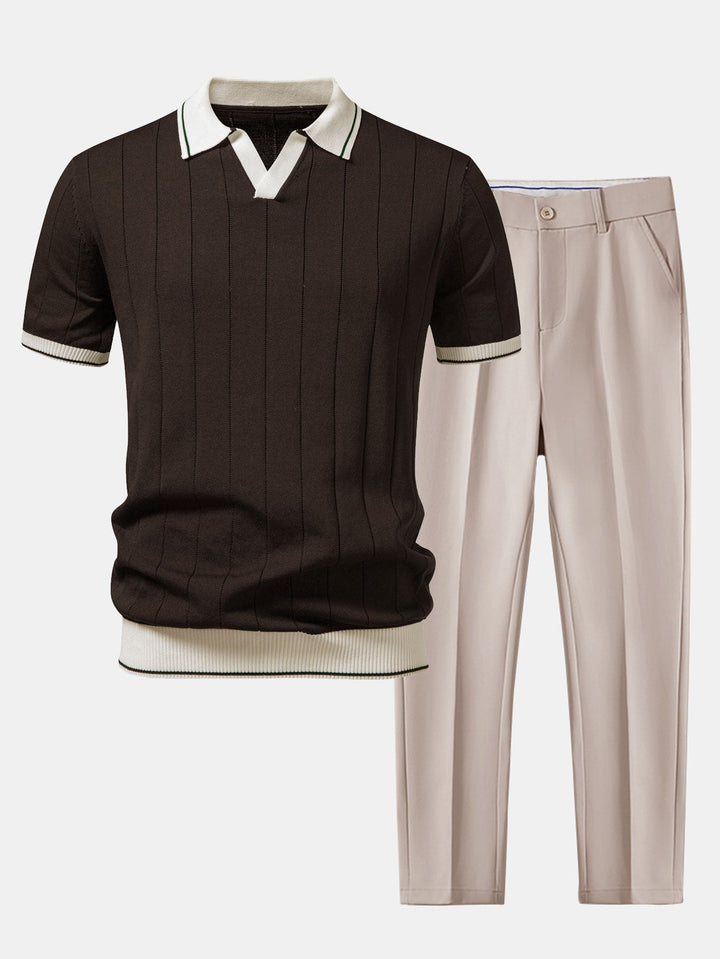 Comfortable men's knit polo and tapered trousers smart casual set. Versatile two-piece for modern men's fashion.