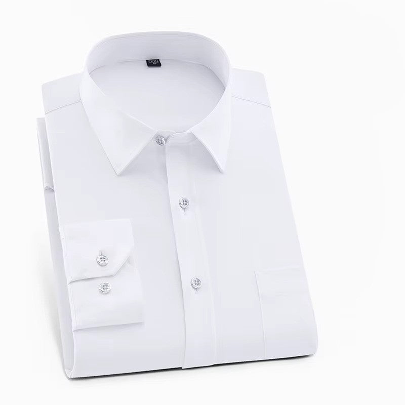 Comfortable men's polyester spandex long sleeve button-up shirt, perfect for smart casual office wear.