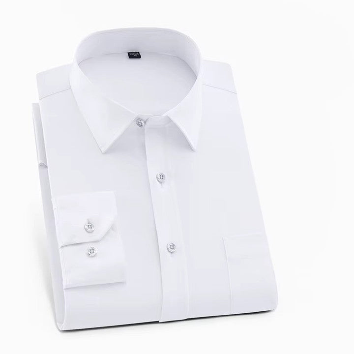 Comfortable men's polyester spandex long sleeve button-up shirt, perfect for smart casual office wear.