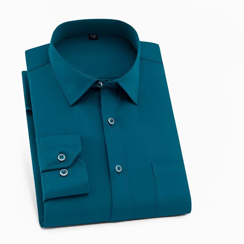 Versatile men's smart casual button-up shirt, long sleeve polyester spandex, for any occasion.