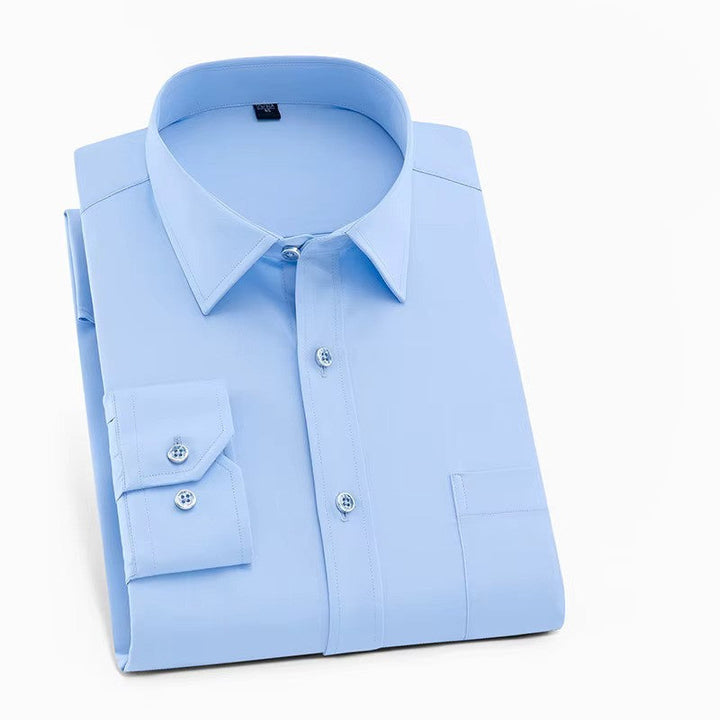 Soft polyester spandex men's long sleeve button-up. Smart casual shirt for comfort & style.