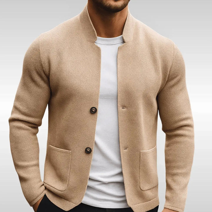 Modern men's fashion: Quilted mandarin collar blazer jacket for versatile office or casual wear.