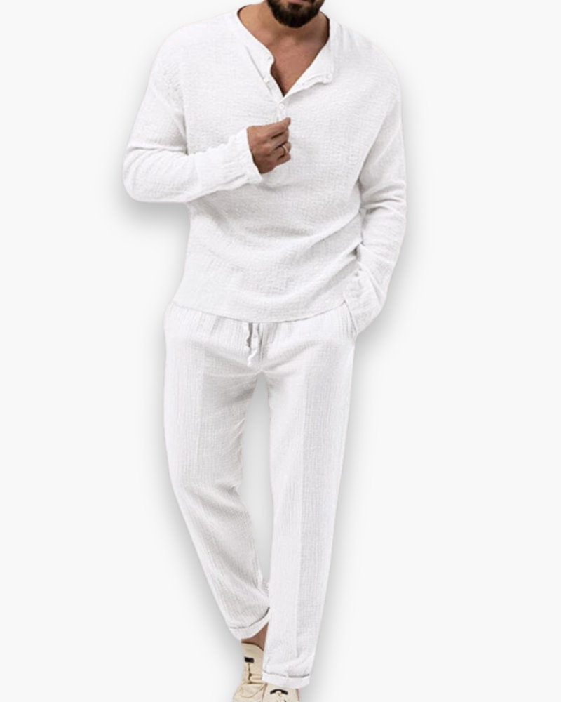 Men's smart casual two-piece summer set. Lightweight top & trousers for comfortable holiday wear or relaxed fashion.