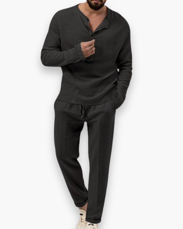 Stylish men's matching two-piece set. Lightweight summer top & trousers for smart casual holiday or lounge wear.