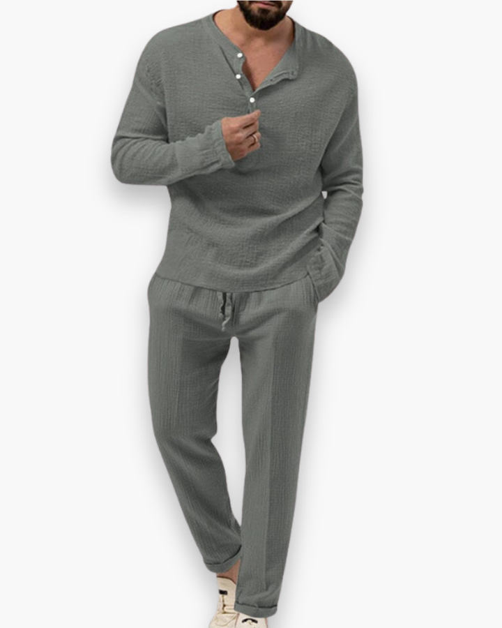 Versatile men's smart casual two-piece set. Lightweight summer top & trousers for comfortable, relaxed outfit.