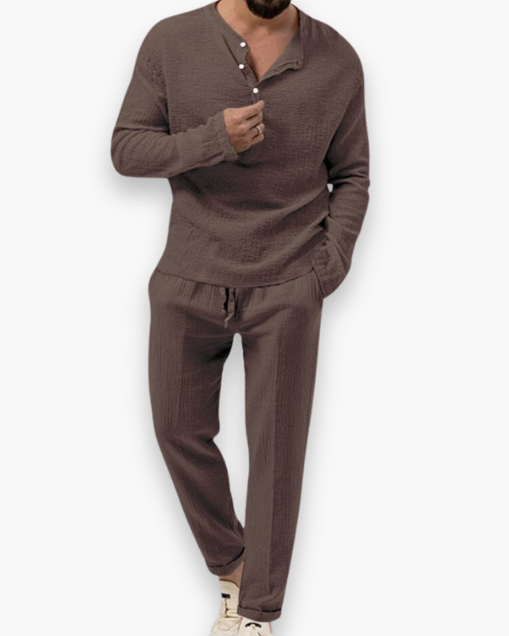 Relaxed fit men's lightweight summer two-piece set. Smart casual top & trousers, perfect for holidays or lounging.