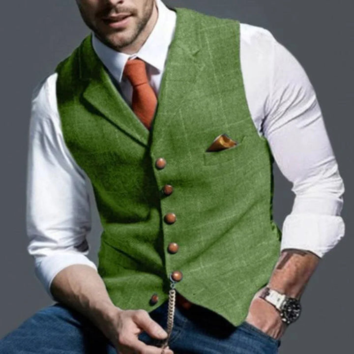 Men's smart checked waistcoat, a versatile layering piece for formal, business, or smart casual men's fashion.