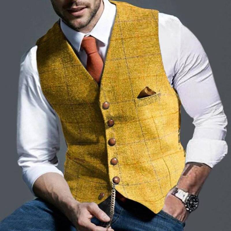 Stylish men's checked vest, perfect for versatile layering; an elegant addition to formal, business or smart casual outfits.