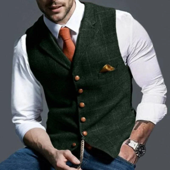 Versatile men's checked waistcoat; a tailored and stylish layering piece for elegant formal wear, business, or smart casual outfits.