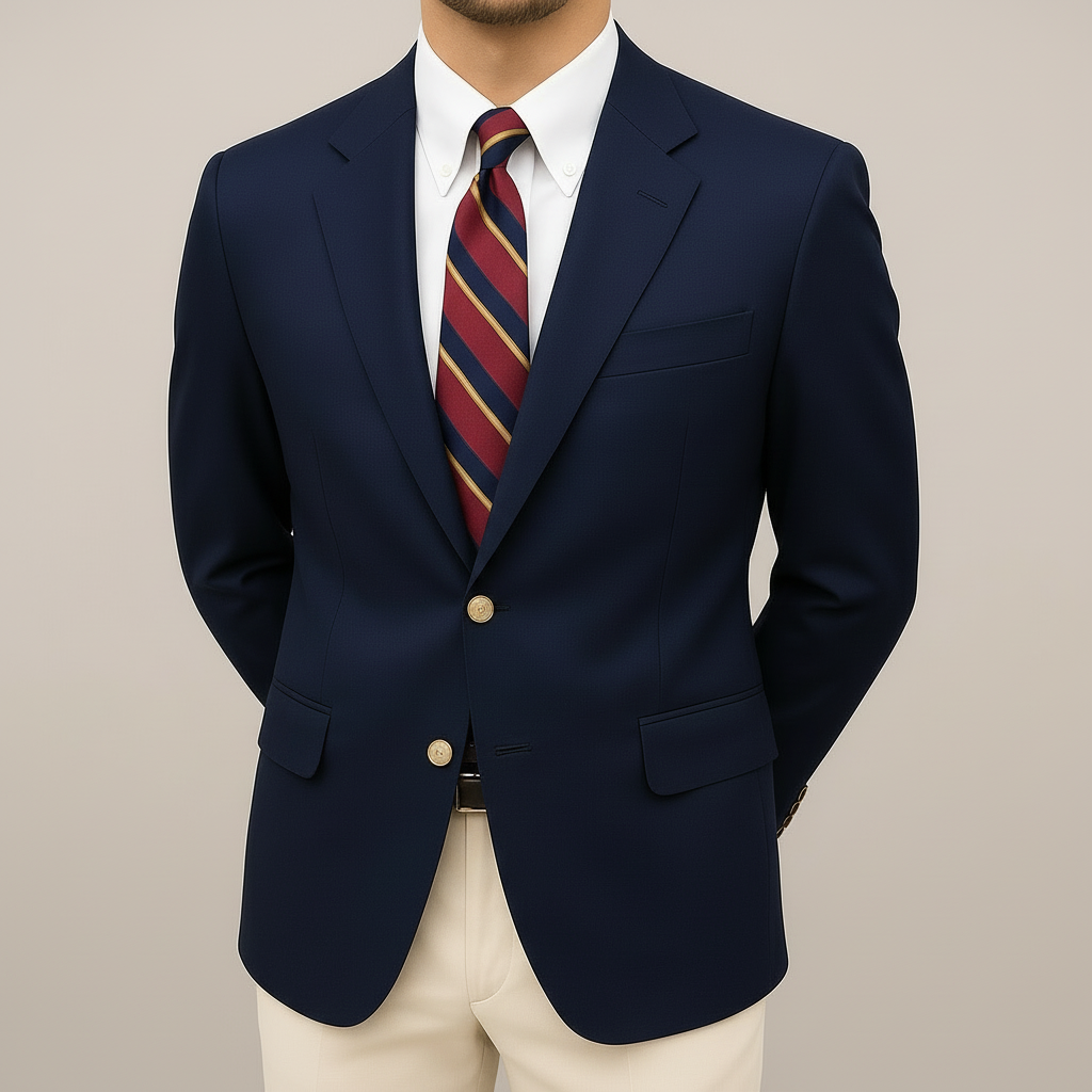 Men's smart navy blue tailored blazer jacket, perfect for spring business casual or polished everyday style.
