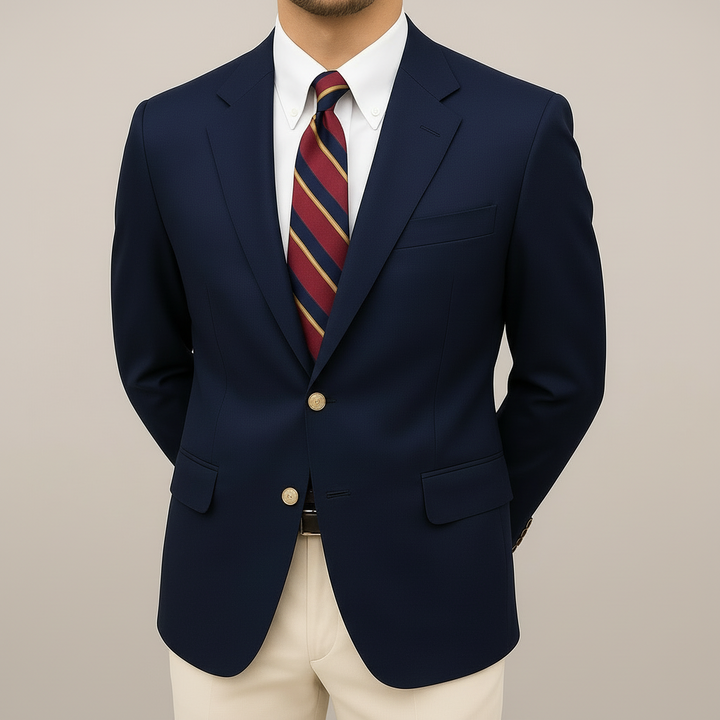 Men's smart navy blue tailored blazer jacket, perfect for spring business casual or polished everyday style.