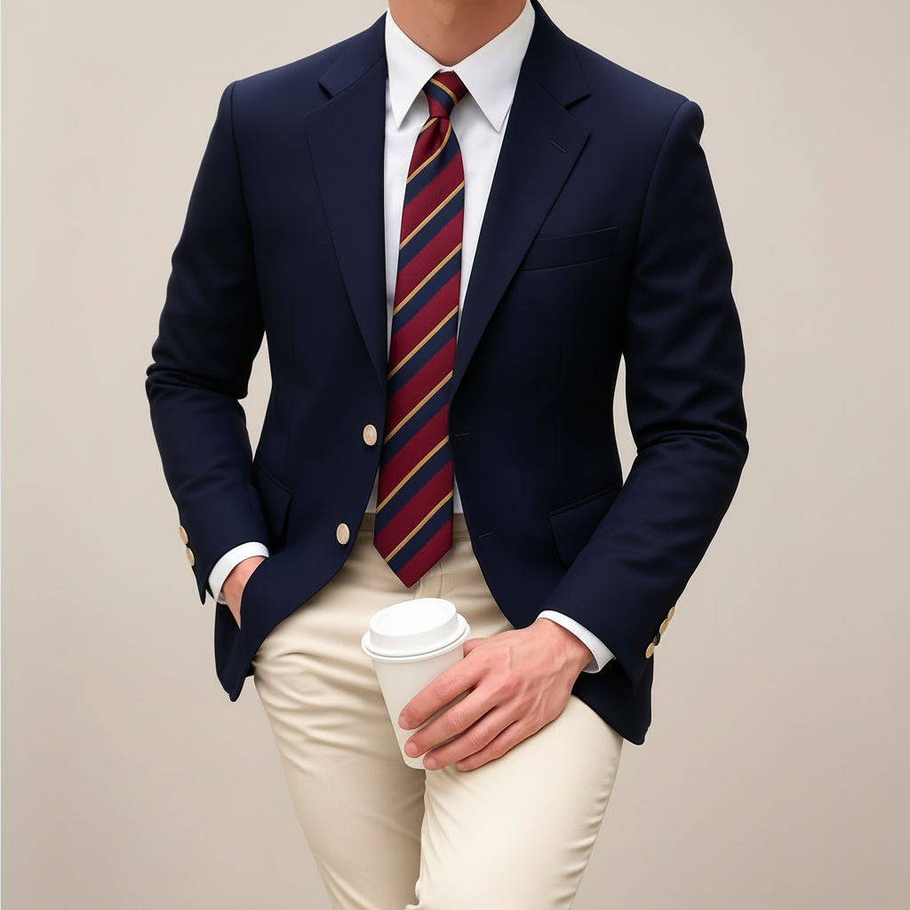 Stylish men's navy blue tailored jacket, ideal for business casual, professional wear, or smart spring menswear.