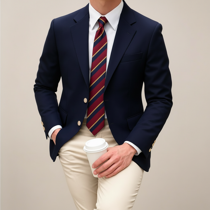 Stylish men's navy blue tailored jacket, ideal for business casual, professional wear, or smart spring menswear.