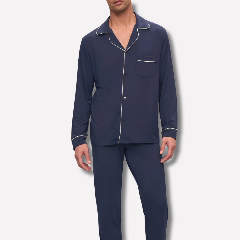 Men's soft cotton button-up pyjama set with long sleeves, ideal for comfortable nightwear and relaxation.