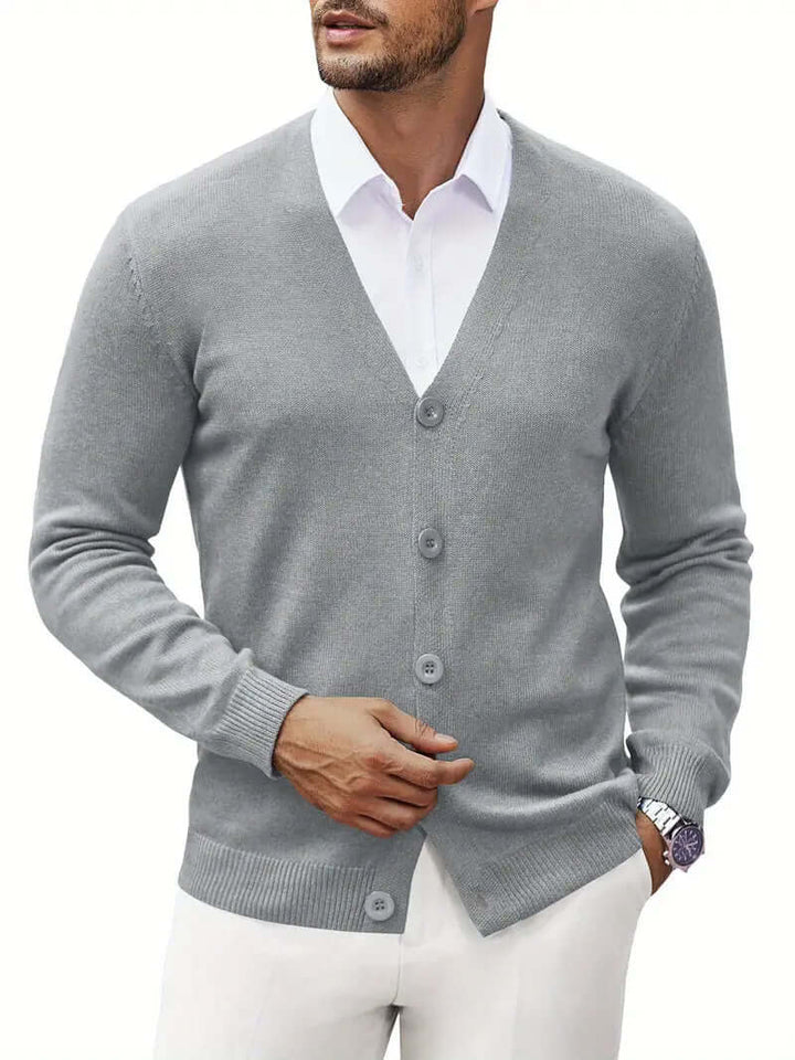Men's soft knit cardigan sweater, breathable comfort for casual everyday wear and layering.