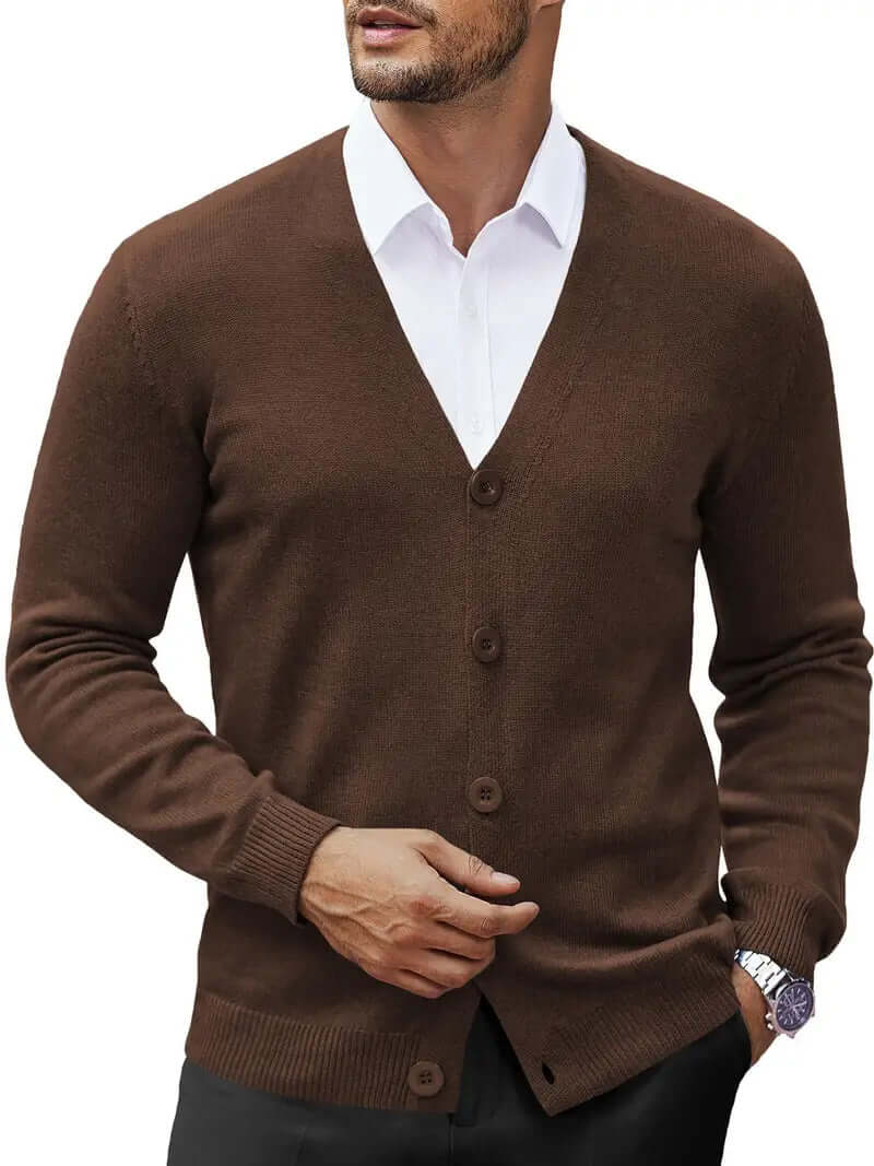Stylish men's soft-knit cardigan, an ideal layering piece for fall style and everyday comfort.