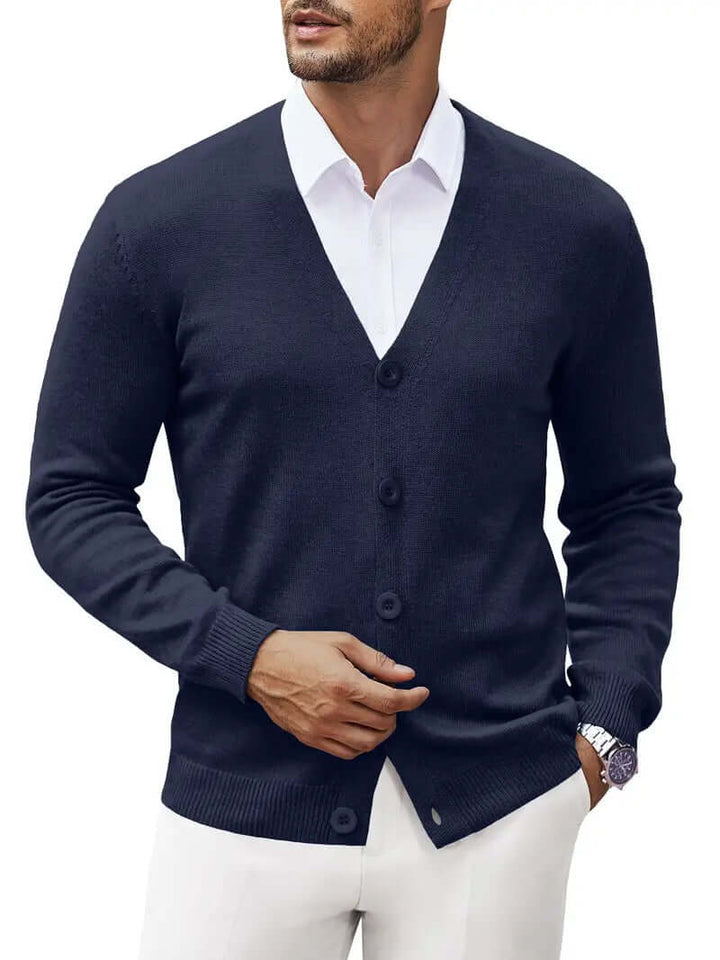 Cozy men's long-sleeve cardigan sweater, offering breathable warmth for cooler weather.