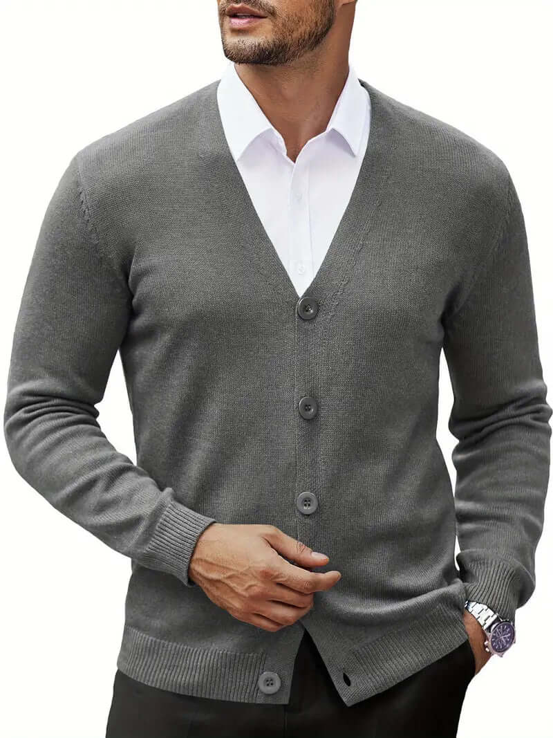 Comfortable men's soft cardigan sweater in a versatile color, great for casual winter wear.
