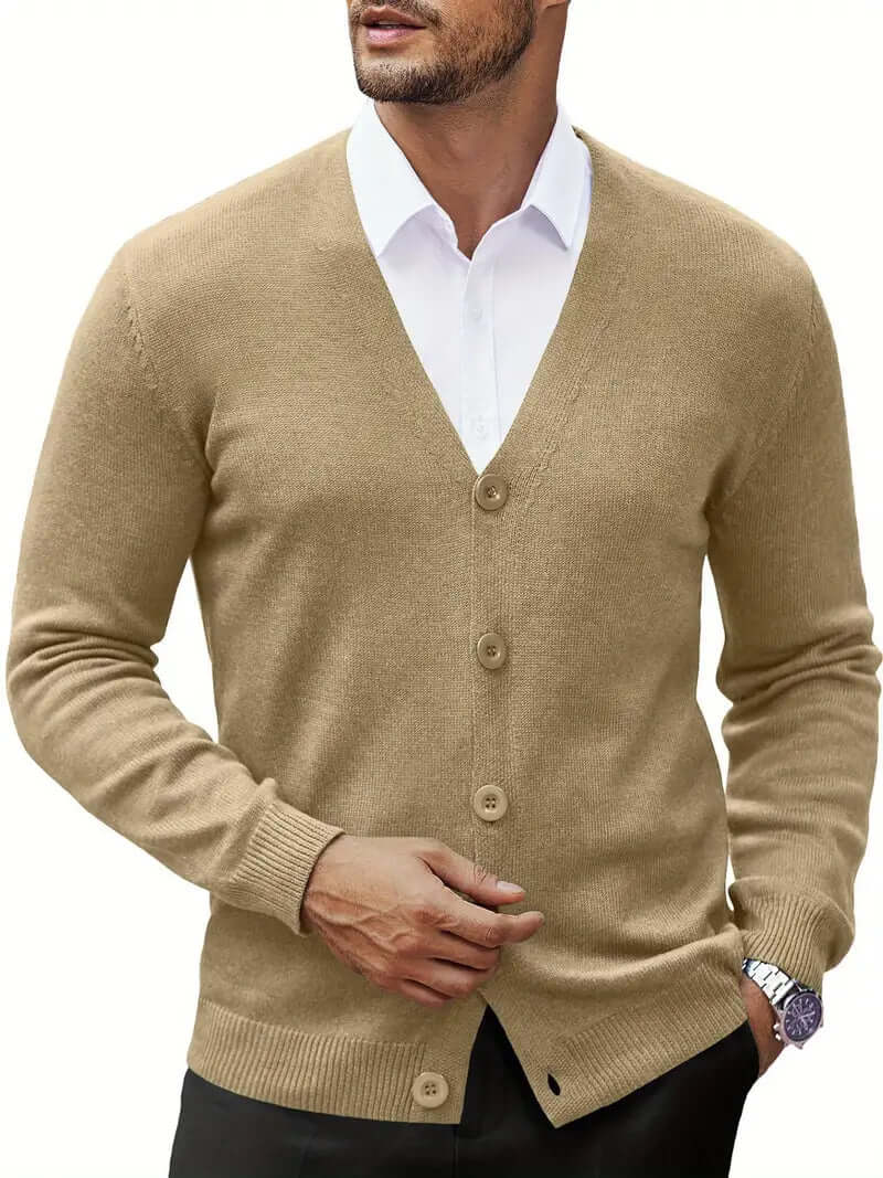 Breathable men's knit cardigan, essential for smart casual outfits and all-day comfort.