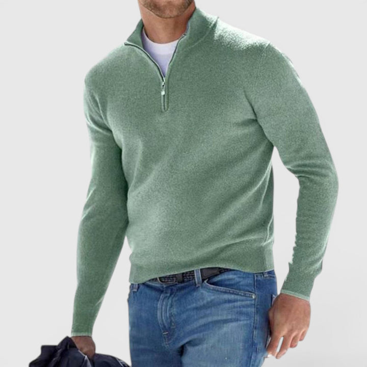 Men's soft knit quarter zip polo sweater, comfortable pullover for casual and smart casual wear.