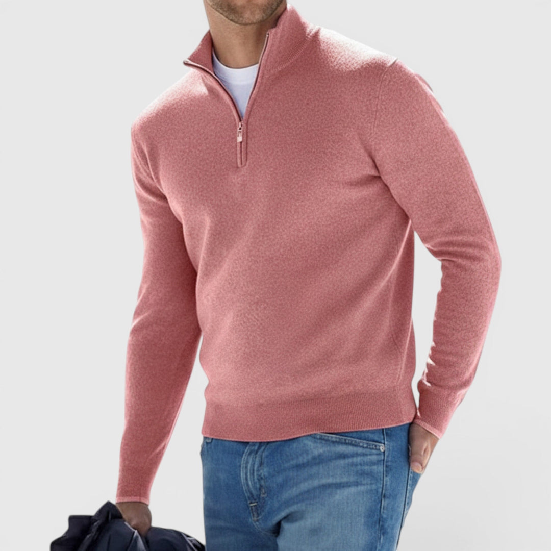 Polo neck men's quarter zip sweater in soft knit fabric. Comfortable and smart casual pullover.