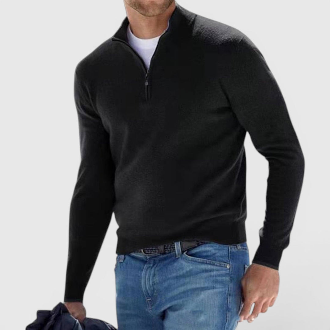 Men's quarter zip knit pullover, a comfortable soft knit polo sweater for all seasons.