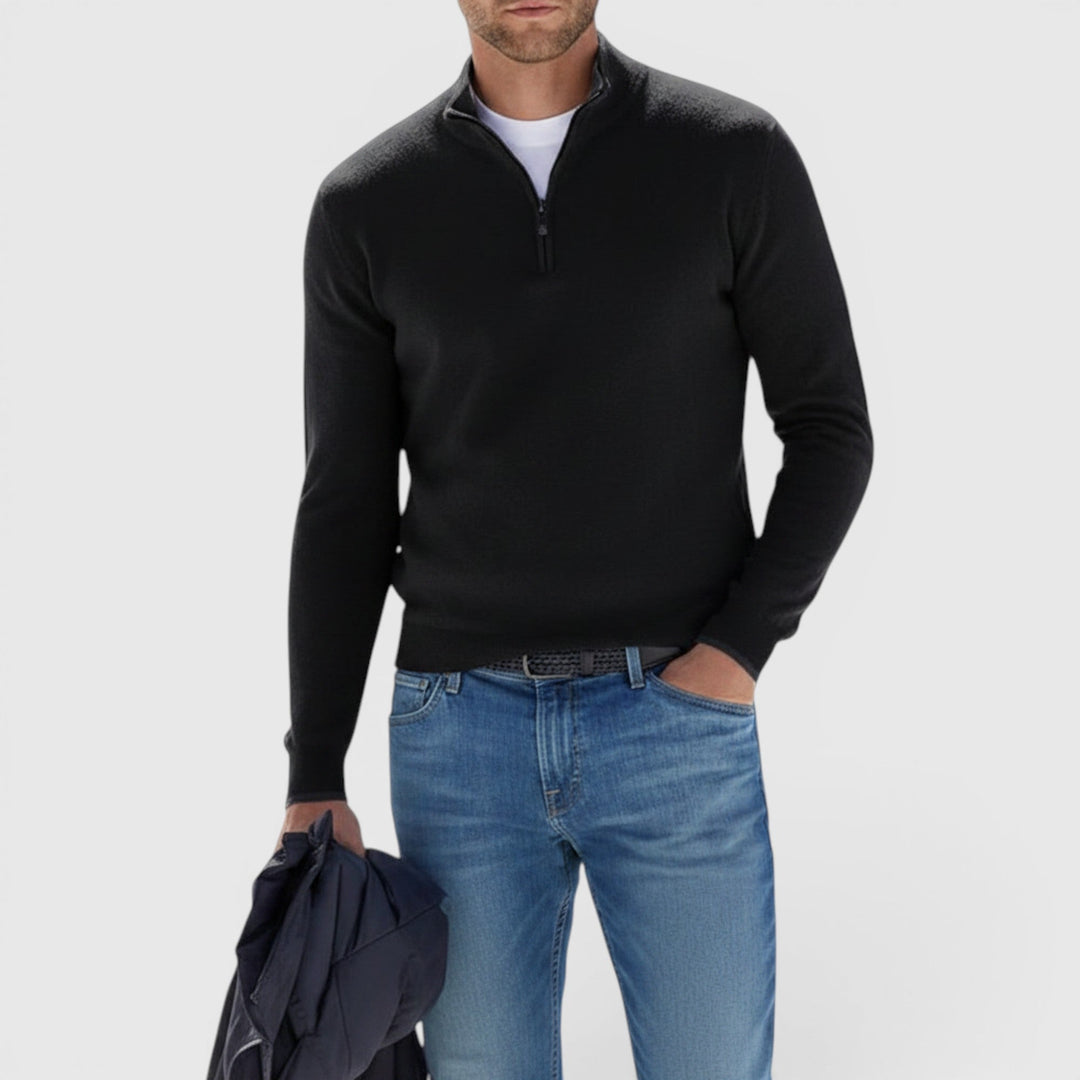 Stylish men's soft knit polo quarter zip sweater, a versatile long sleeve pullover for men.