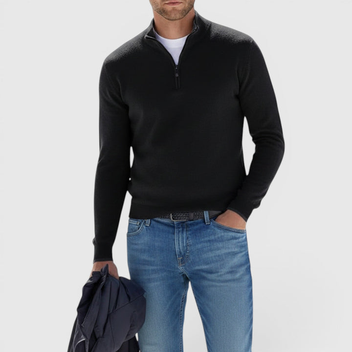 Stylish men's soft knit polo quarter zip sweater, a versatile long sleeve pullover for men.