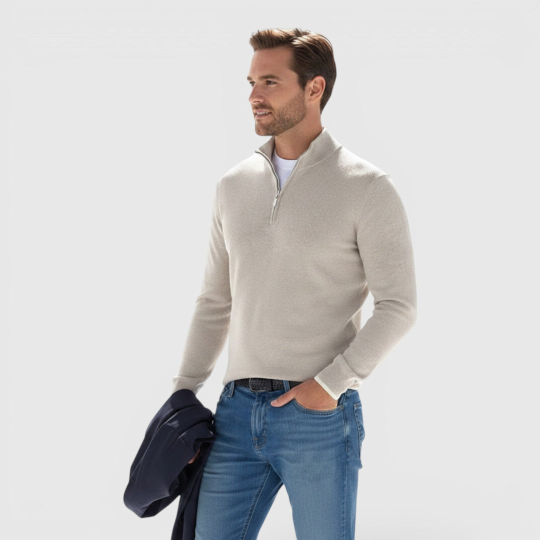 Comfortable and stylish men's quarter zip knit polo sweater, an essential pullover for men's wear.