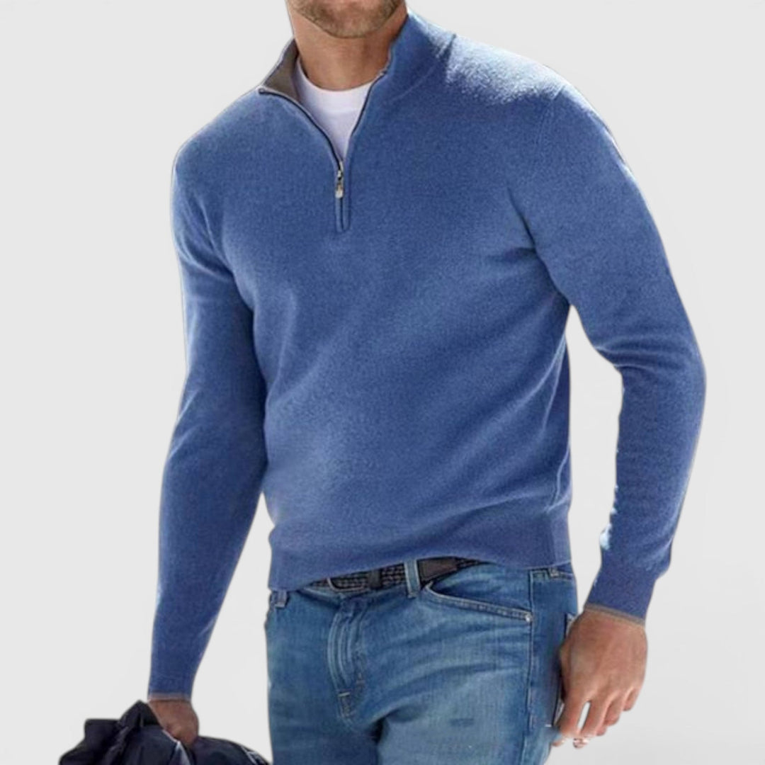 Men's essential soft knit polo quarter zip pullover. Stylish long sleeve sweater for casual wear.