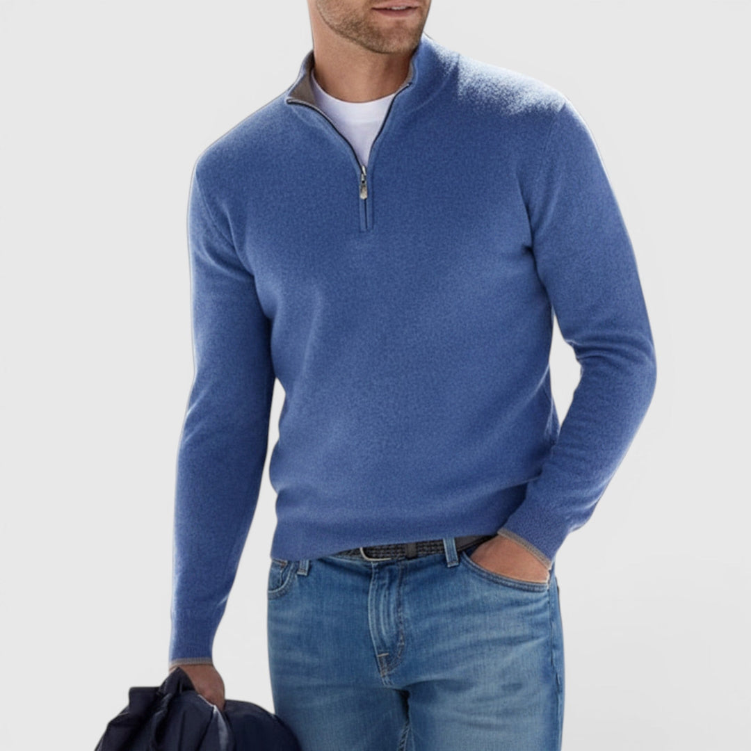 Quarter zip men's polo sweater. Comfortable knit pullover, perfect for stylish smart casual looks.