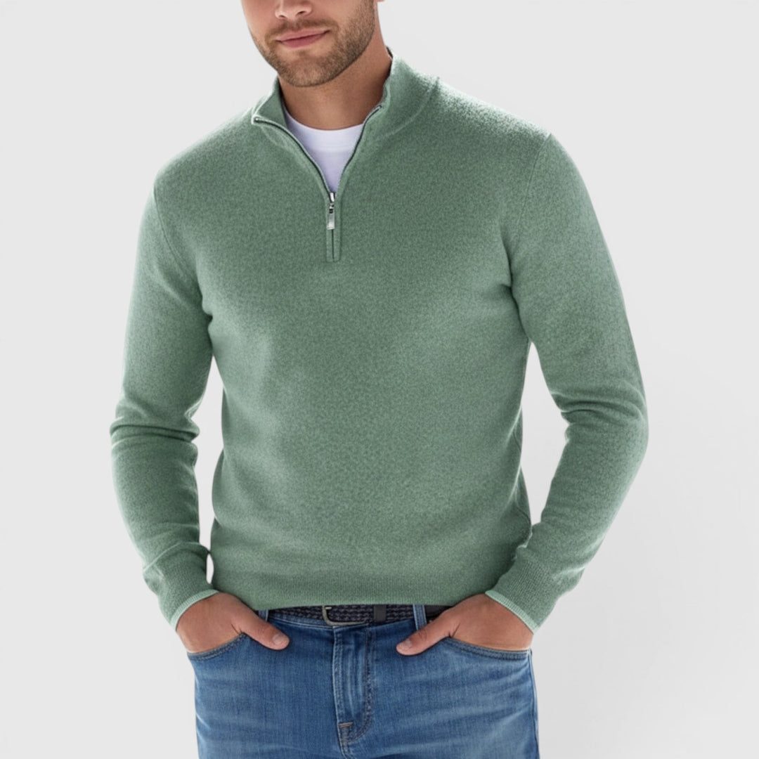 Stylish men's quarter zip knit polo sweater. Versatile long sleeve pullover for men's fashion.