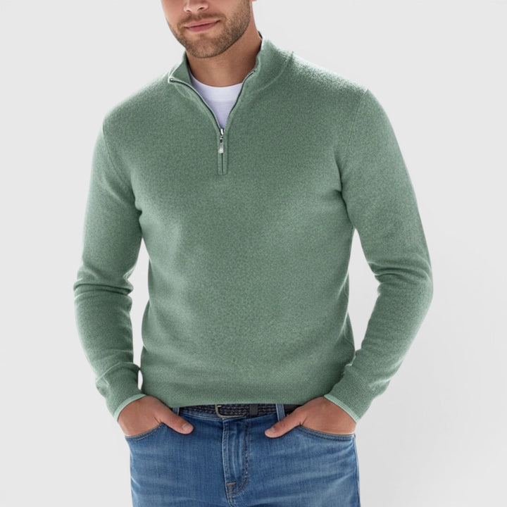 Stylish men's quarter zip knit polo sweater. Versatile long sleeve pullover for men's fashion.
