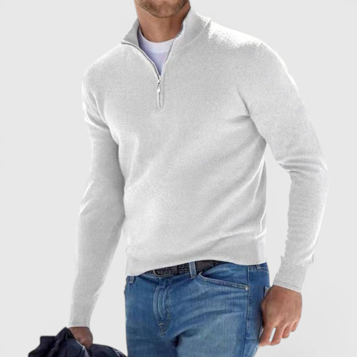 Comfortable men's soft knit quarter zip sweater. Essential long sleeve polo pullover for everyday.