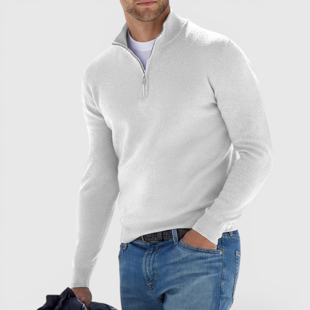 Men's quarter zip polo sweater, a soft knit pullover, perfect for smart casual men's clothing.