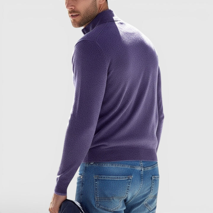 Men's comfortable quarter zip knit sweater. Stylish polo pullover for modern men's fashion.