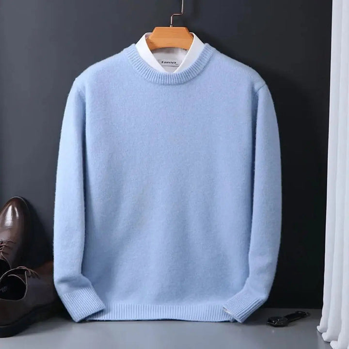 Men's soft mohair blend crew neck sweater in a classic knit, perfect for comfortable smart casual winter wear.