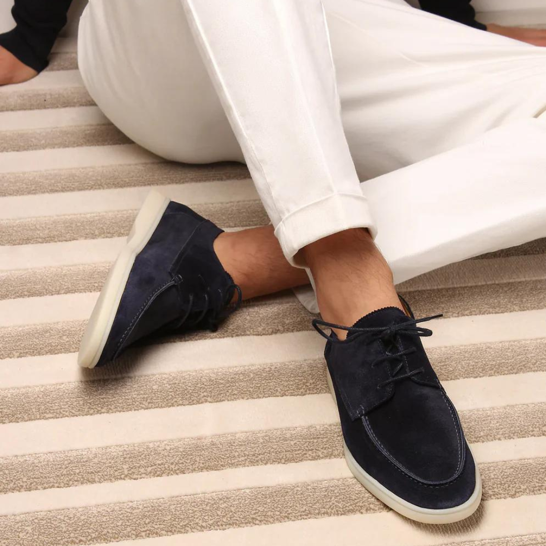 Men's soft suede beige lace-up casual sneakers. Comfortable everyday footwear for walking and versatile style.