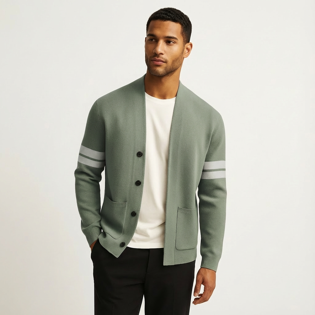 Men's sophisticated button-front cardigan with striped sleeves. Perfect for smart casual layering.