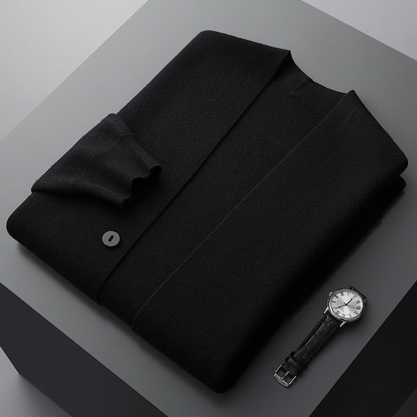 Men's casual wear cardigan with a practical button-front and trendy striped sleeves. Great for layering.